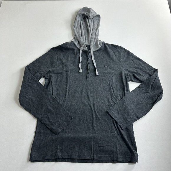 RVCA Regular Fit Henley Hoodie Sweatshirt Men Size Medium Gray Black Long Sleeve - Picture 1 of 9